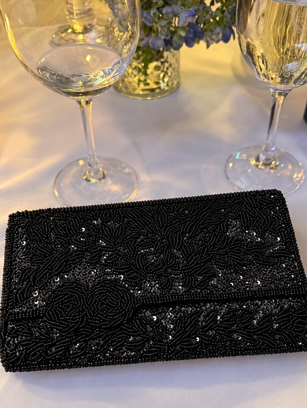 Vintage Black Hand Beaded Sequin Floral Evening Clutch Purse